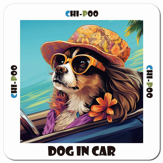 Dog in car 海 麦わら帽子 サングラス Chi-Poo チワプー車用 マグネット 13x13cm 正方形 カーマグネット 表示プレート