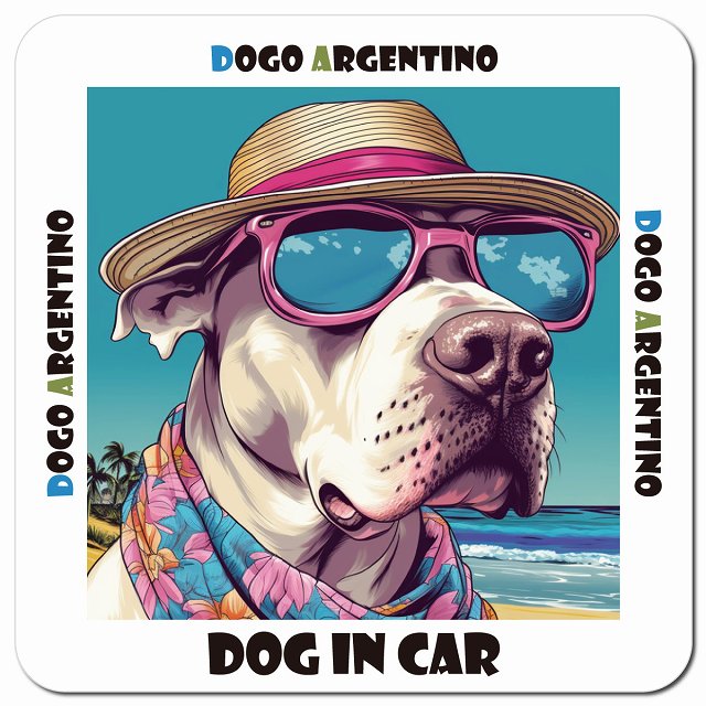 Dog in car 海 麦わら帽子 サングラス Dogo Argentino ドゴアルヘンティーノ車用 マグネット 13x13cm 正方形 カーマグネット 表示プレート
