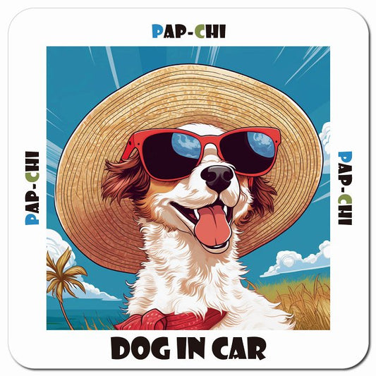 Dog in car 海 麦わら帽子 サングラス Pap-Chi パピチワ車用 マグネット 13x13cm 正方形 カーマグネット 表示プレート