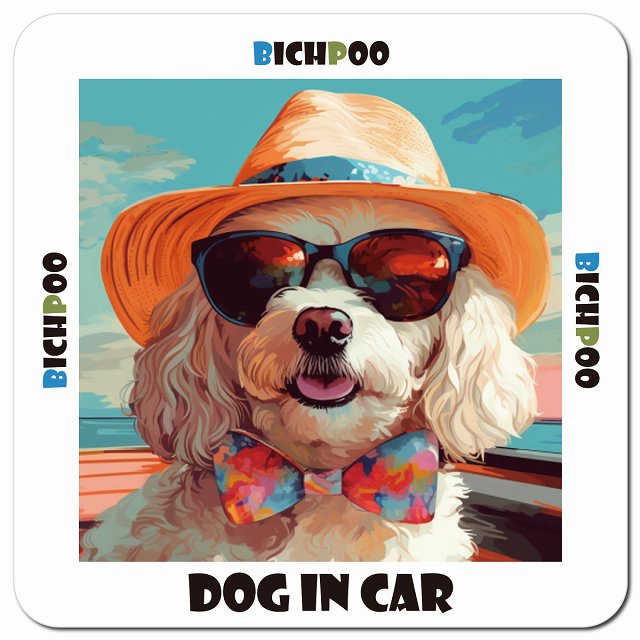 Dog in car 海 麦わら帽子 サングラス Bichpoo ビションプー車用 マグネット 13x13cm 正方形 カーマグネット 表示プレート