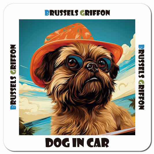 Dog in car 海 麦わら帽子 サングラス Brussels Griffon ブリュッセル・グリフォン車用 マグネット 13x13cm 正方形 カーマグネット 表示プレート
