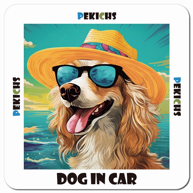 Dog in car 海 麦わら帽子 サングラス Pekichs ペキックス車用 マグネット 13x13cm 正方形 カーマグネット 表示プレート
