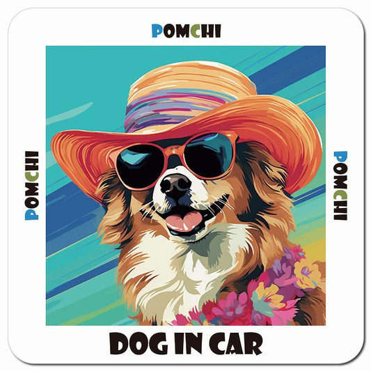 Dog in car 海 麦わら帽子 サングラス Pomchi ポメチワ車用 マグネット 13x13cm 正方形 カーマグネット 表示プレート