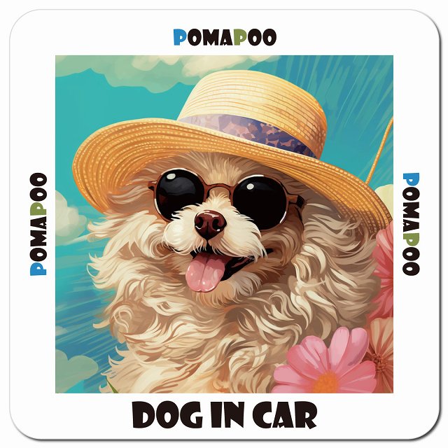 Dog in car 海 麦わら帽子 サングラス Pomapoo ポメプー車用 マグネット 13x13cm 正方形 カーマグネット 表示プレート