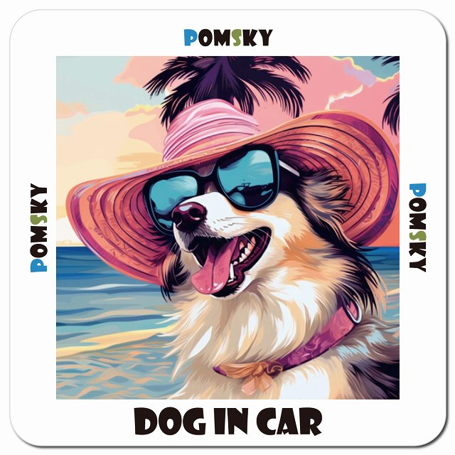 Dog in car 海 麦わら帽子 サングラス Pomsky ポンスキー車用 マグネット 13x13cm 正方形 カーマグネット 表示プレート