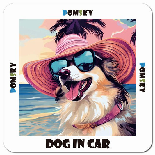 Dog in car 海 麦わら帽子 サングラス Pomsky ポンスキー車用 マグネット 13x13cm 正方形 カーマグネット 表示プレート