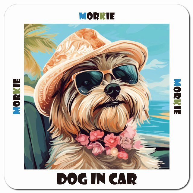 Dog in car 海 麦わら帽子 サングラス Morkie マルーキー車用 マグネット 13x13cm 正方形 カーマグネット 表示プレート