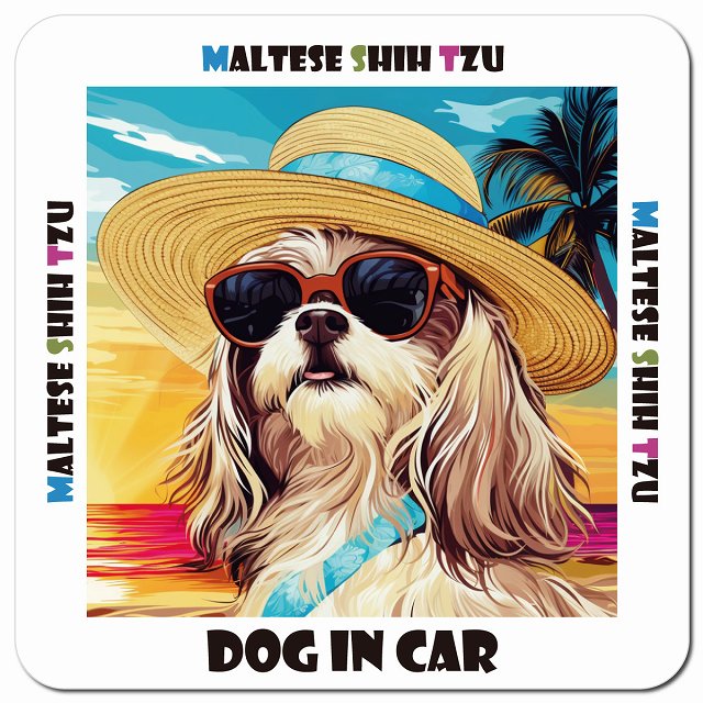 Dog in car 海 麦わら帽子 サングラス Maltese Shih Tzu マルシーズー車用 マグネット 13x13cm 正方形 カーマグネット 表示プレート