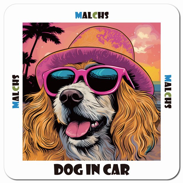 Dog in car 海 麦わら帽子 サングラス Malchs マルックス車用 マグネット 13x13cm 正方形 カーマグネット 表示プレート