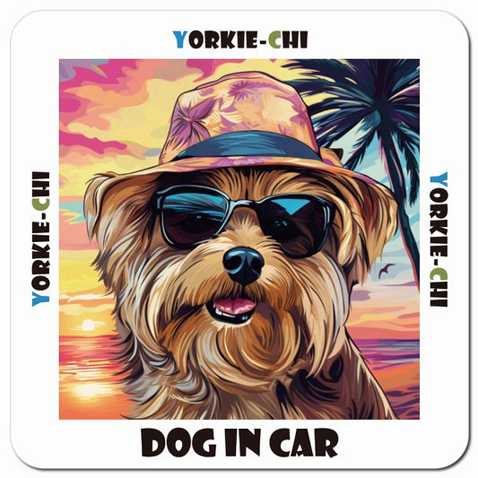 Dog in car 海 麦わら帽子 サングラス Yorkie-Chi ヨーチー車用 マグネット 13x13cm 正方形 カーマグネット 表示プレート