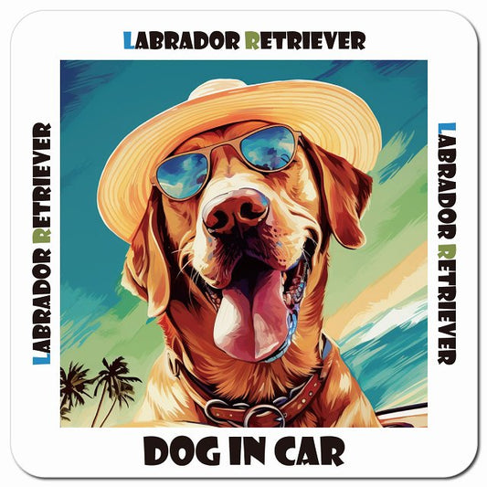 Dog in car 海 麦わら帽子 サングラス Labrador Retriever ラブラドールレトリバー車用 マグネット 13x13cm 正方形 カーマグネット 表示プレート