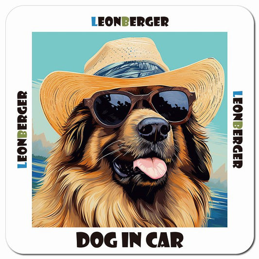 Dog in car 海 麦わら帽子 サングラス Leonberger レオンベルガー車用 マグネット 13x13cm 正方形 カーマグネット 表示プレート
