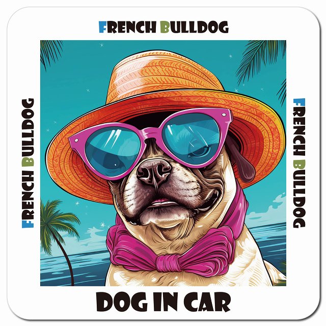 Dog in car 海 麦わら帽子 サングラス French Bulldog フレンチブルドッグ車用 マグネット 13x13cm 正方形 カーマグネット 表示プレート