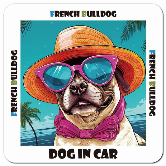 Dog in car 海 麦わら帽子 サングラス French Bulldog フレンチブルドッグ車用 マグネット 13x13cm 正方形 カーマグネット 表示プレート