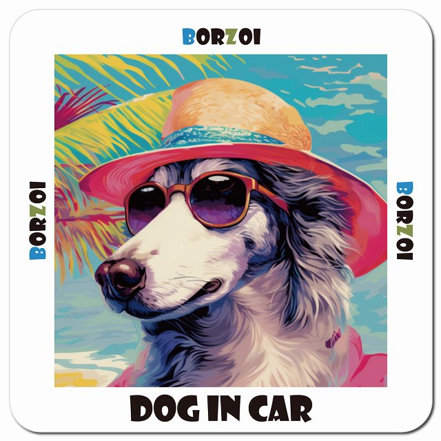 Dog in car 海 麦わら帽子 サングラス Borzoi ボルゾイ車用 マグネット 13x13cm 正方形 カーマグネット 表示プレート