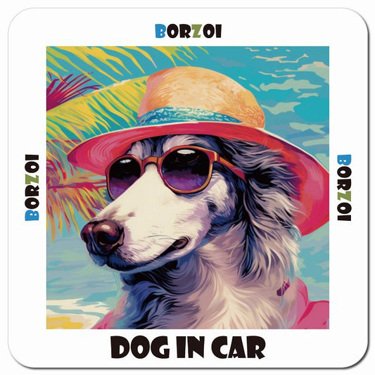 Dog in car 海 麦わら帽子 サングラス Borzoi ボルゾイ車用 マグネット 13x13cm 正方形 カーマグネット 表示プレート