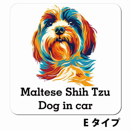 Dog in car Maltese Shih Tzu マルシーズー Eタイプ ポップアート風 車用 マグネット 13x13cm 正方形 カーマグネット 表示プレート