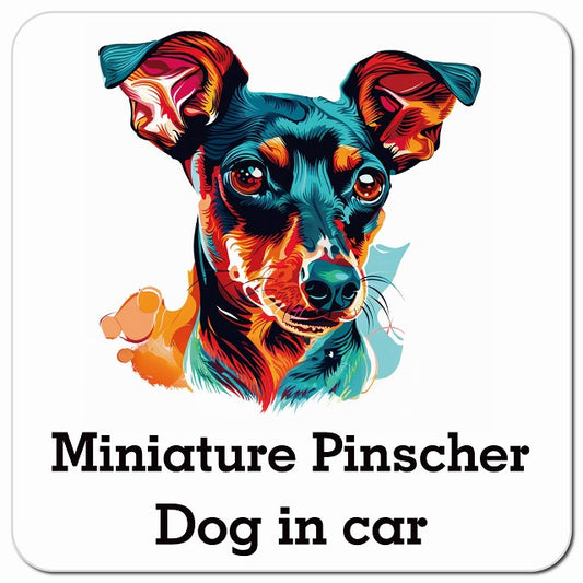 Dog in car Miniature Pinscher ミニチュアピンシャー Dタイプ ポップアート風 車用 マグネット 13x13cm 正方形 カーマグネット 表示プレート