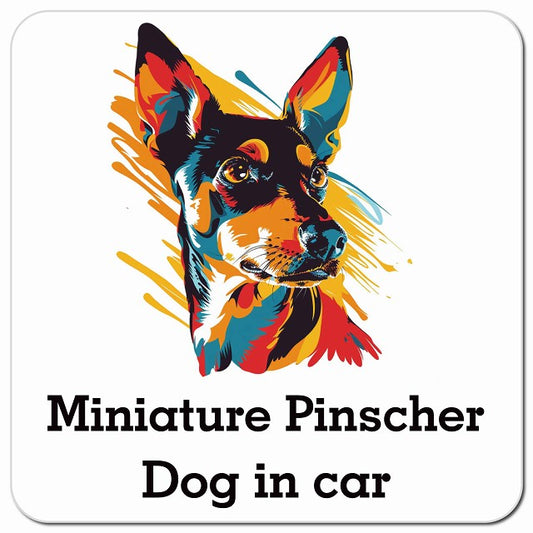 Dog in car Miniature Pinscher ミニチュアピンシャー Eタイプ ポップアート風 車用 マグネット 13x13cm 正方形 カーマグネット 表示プレート