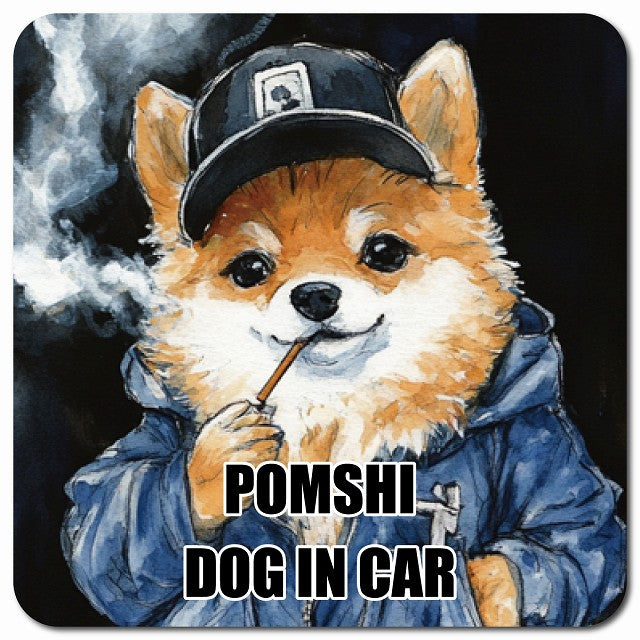 POMSHI ポメ柴 車用 作業服 マグネット 13x13cm 正方形 カーマグネット 表示プレート