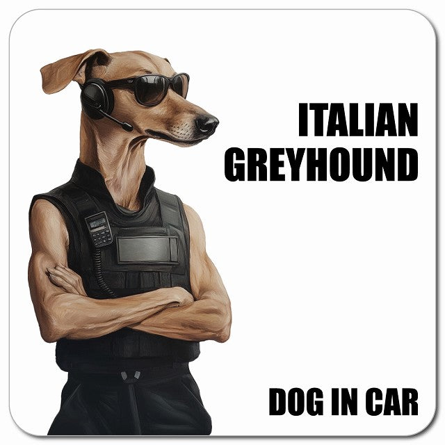 ITALIAN GREYHOUND イタリアングレーハウンド 車用 セキュリティガード風 マグネット 13x13cm 正方形 カーマグネット 表示プレート