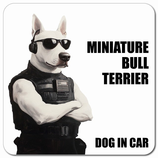 MINIATURE BULL TERRIER ミニチュアブルテリア 車用 セキュリティガード風 マグネット 13x13cm 正方形 カーマグネット 表示プレート