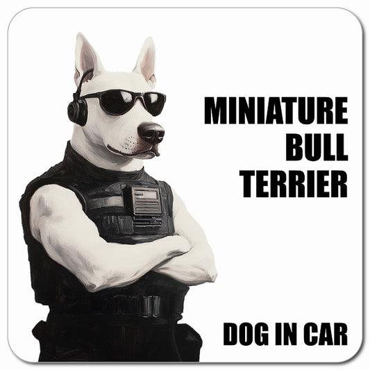 MINIATURE BULL TERRIER ミニチュアブルテリア 車用 セキュリティガード風 マグネット 13x13cm 正方形 カーマグネット 表示プレート