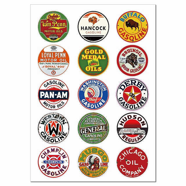 丸 オイル系 15種 詰め合せ アメリカン アメリカ雑貨 看板 サインボード A4サイズ まとめて 詰め合わせ シール サインステッカー