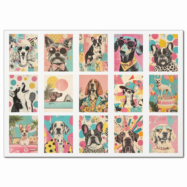レトロポップ犬アート・Aグループ 15柄 A4サイズ まとめて 詰め合わせ シール サインステッカー
