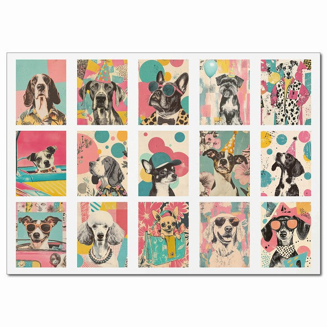 レトロポップ犬アート・Bグループ 15柄 A4サイズ まとめて 詰め合わせ シール サインステッカー