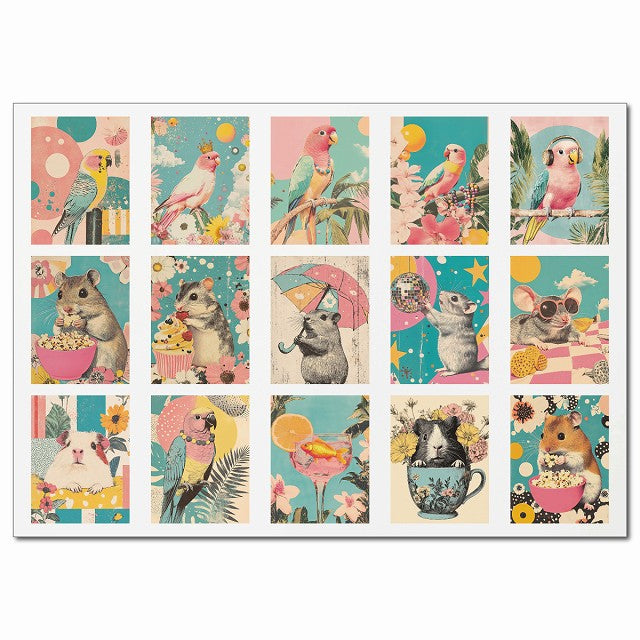 小動物ポップアート 15柄 鳥 ハムスター モルモット A4サイズ まとめて 詰め合わせ シール サインステッカー