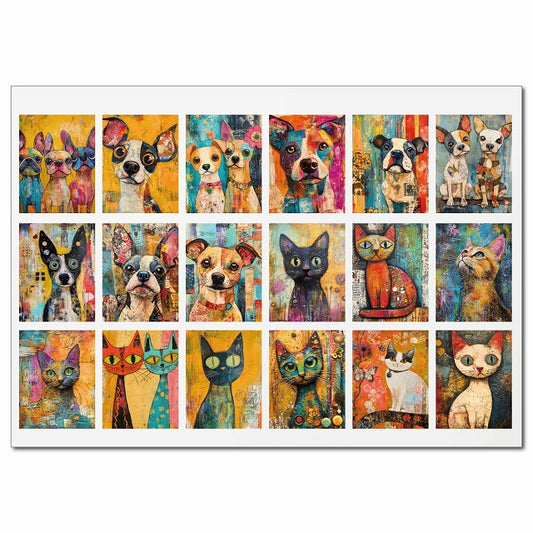 ドッグ&キャットコラージュイラストモダンアート 18柄 A4サイズ まとめて 詰め合わせ