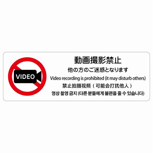 動画撮影禁止（他の方のご迷惑となります） 多言語 英語 中国語 韓国語 対応 ステッカー 長方形 シール サインステッカー 外国人対応 ピクトサイン ピクトグラム 選べるサイズ