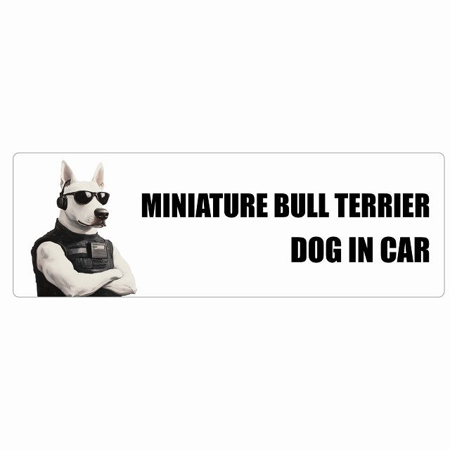 MINIATURE BULL TERRIER ミニチュアブルテリア DOG IN CAR ステッカー セキュリティガード風 ちょい悪 長方形 シール カーステッカー