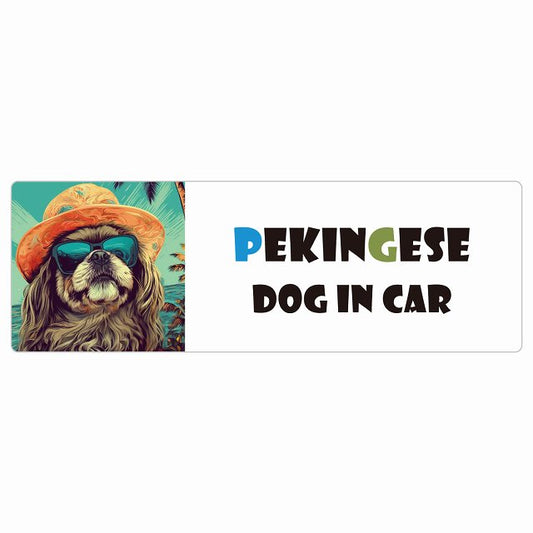 Pekingese ペキニーズ DOG IN CAR 海 麦わら帽子 サングラス 夏 ステッカー 長方形 シール カーステッカー