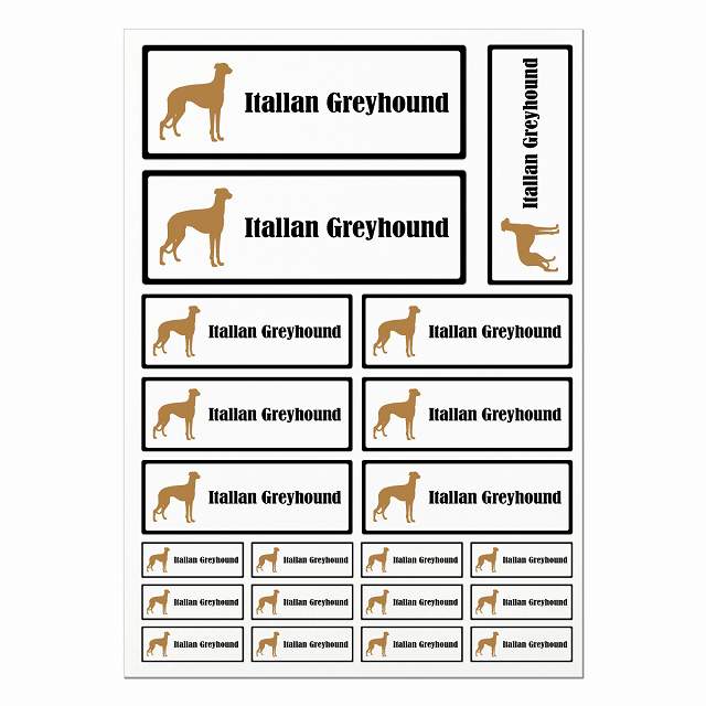 イタリアングレーハウンド ブラック＆ホワイト A4サイズ まとめて詰め合わせ サイズ別 長方形 21枚セット ステッカー シール サインステッカー