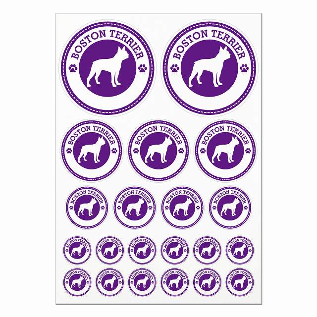 ボストンテリア パープル A4サイズ まとめて詰め合わせ 丸タイプ サイズ別 21枚セット 肉球マーク ステッカー シール サインステッカー