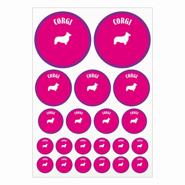 カラフル コーギー ピンク＆パープル A4サイズ まとめて詰め合わせ サイズ別 丸型 21枚セット ステッカー シール サインステッカー