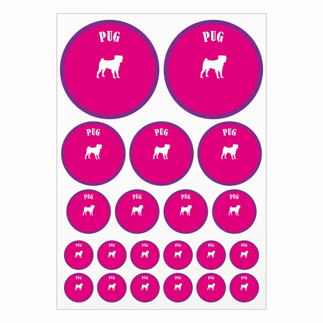 カラフル パグ ピンク＆パープル A4サイズ まとめて詰め合わせ サイズ別 丸型 21枚セット ステッカー シール サインステッカー