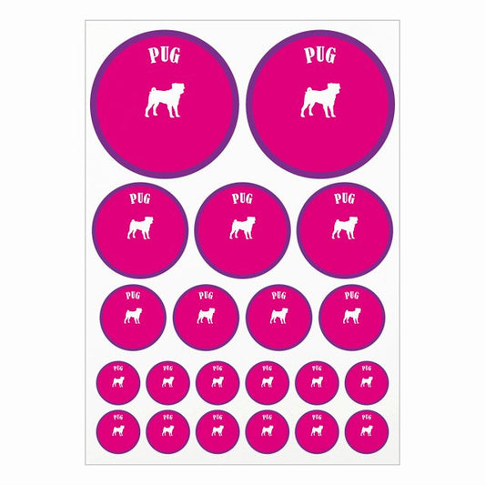 カラフル パグ ピンク＆パープル A4サイズ まとめて詰め合わせ サイズ別 丸型 21枚セット ステッカー シール サインステッカー