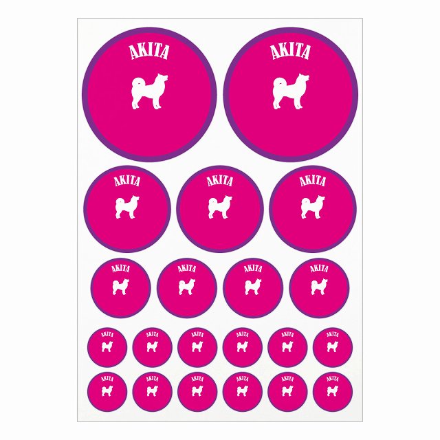 カラフル 秋田犬 ピンク＆パープル A4サイズ まとめて詰め合わせ サイズ別 丸型 21枚セット ステッカー シール サインステッカー