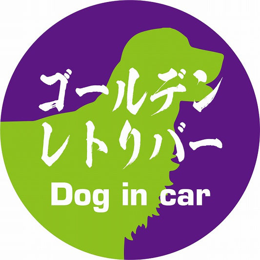 Dog in car ゴールデンレトリバー 毛筆書体 パープルグリーン ステッカー 直径10cm 丸型 シール カーステッカー