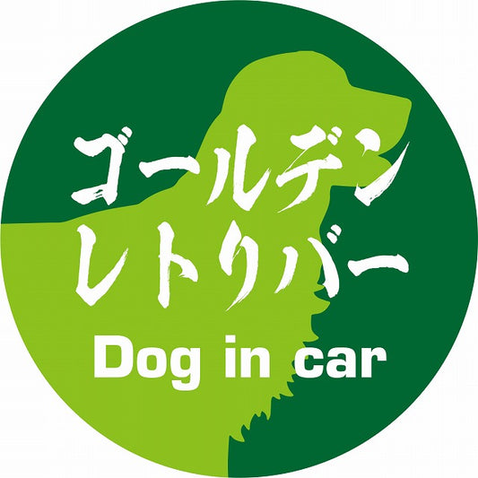 Dog in car ゴールデンレトリバー 毛筆書体 グリーン ステッカー 直径10cm 丸型 シール カーステッカー