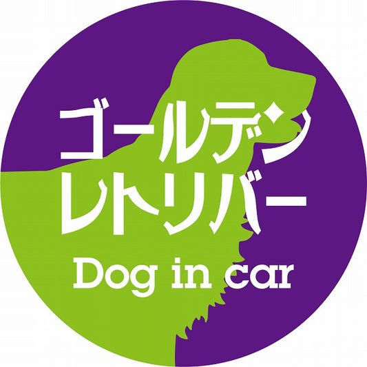 Dog in car ゴールデンレトリバー レトロ書体 パープルグリーン ステッカー 直径10cm 丸型 シール カーステッカー