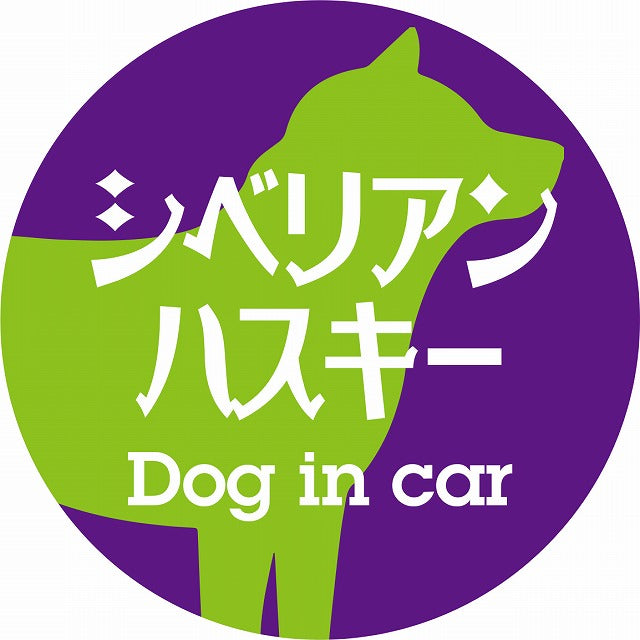 Dog in car シベリアンハスキー レトロ書体 パープルグリーン ステッカー 直径10cm 丸型 シール カーステッカー