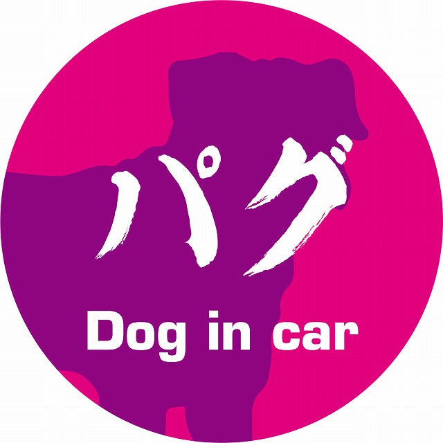 Dog in car パグ 毛筆書体 ピンクパープル ステッカー 直径10cm 丸型 シール カーステッカー