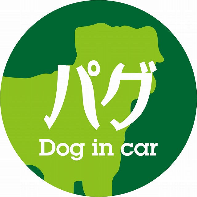 Dog in car パグ レトロ書体 グリーン ステッカー 直径10cm 丸型 シール カーステッカー