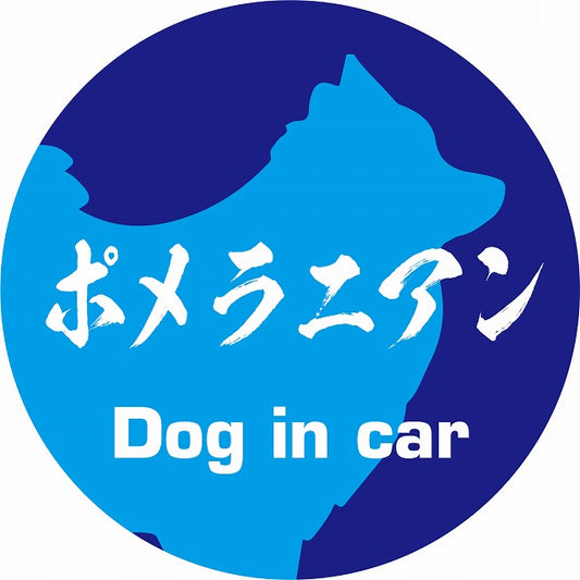 Dog in car ポメラニアン 毛筆書体 ブルー ステッカー 直径10cm 丸型 シール カーステッカー