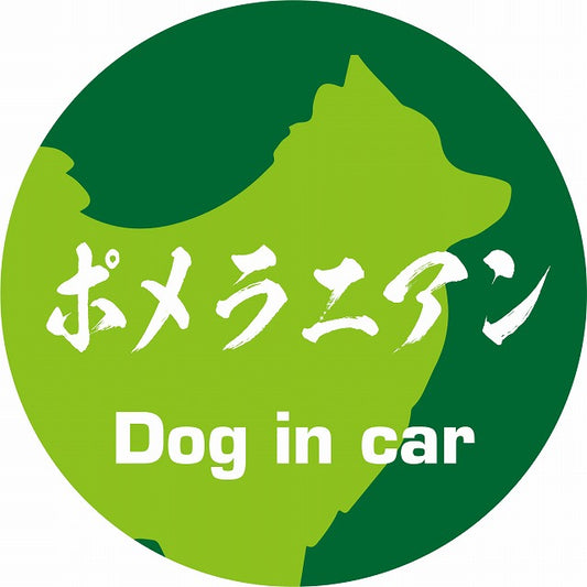 Dog in car ポメラニアン 毛筆書体 グリーン ステッカー 直径10cm 丸型 シール カーステッカー