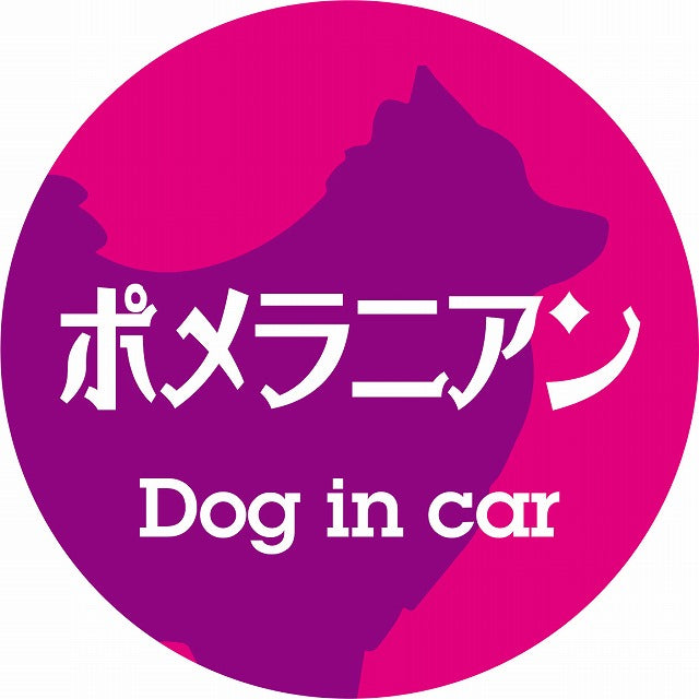 Dog in car ポメラニアン レトロ書体 ピンクパープル ステッカー 直径10cm 丸型 シール カーステッカー
